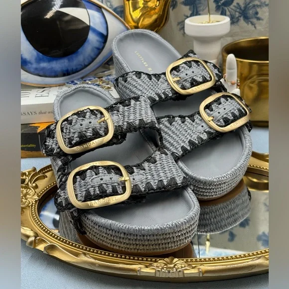 🆕 LOEFFLER RANDALL 🧿 NWOB Theo Embroidered Raffia Platform Sandal, Blue Sz 7.5 - Picture 12 of 14